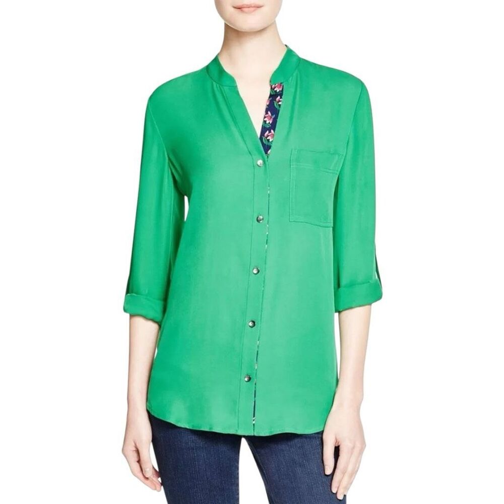 Diane Von Furstenberg Emerald Green V-neck Silk Roll Tab Sleeve Top Size 2
